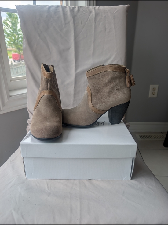 Fly London Shoes - Fly London Taupe Suede Ankle Booties with Tassel Accent